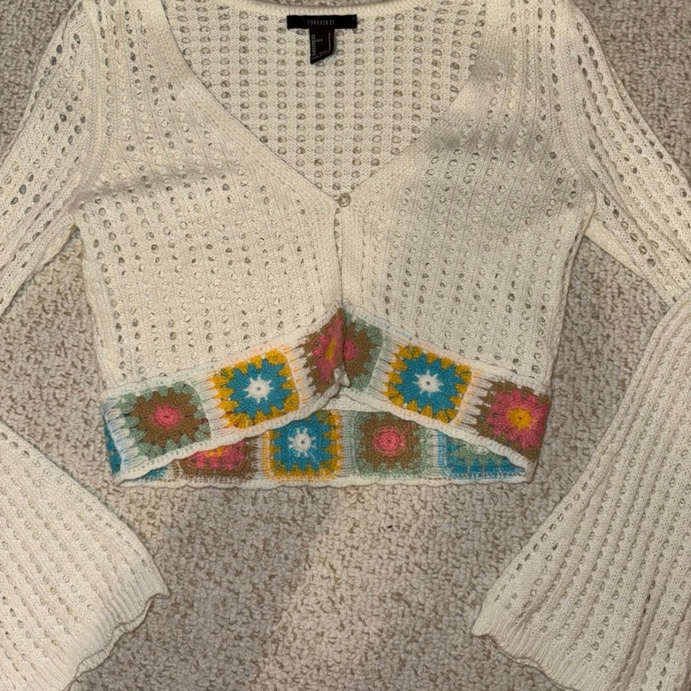 Forever 21 Cream V-Neck Sweater with Colorful Crochet Accents